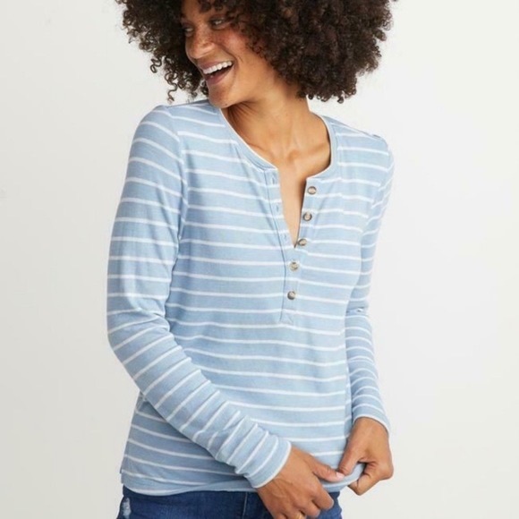 Marine Layer Tops - Marine Layer Double Knit Henley Long Sleeve Top in Light Blue/White Stripe Small